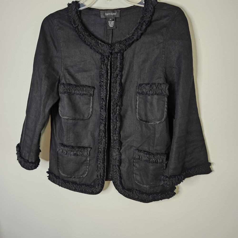 Karen Kane Cropped Shabby Chic Linen Jacket Black Fringed Women’s M